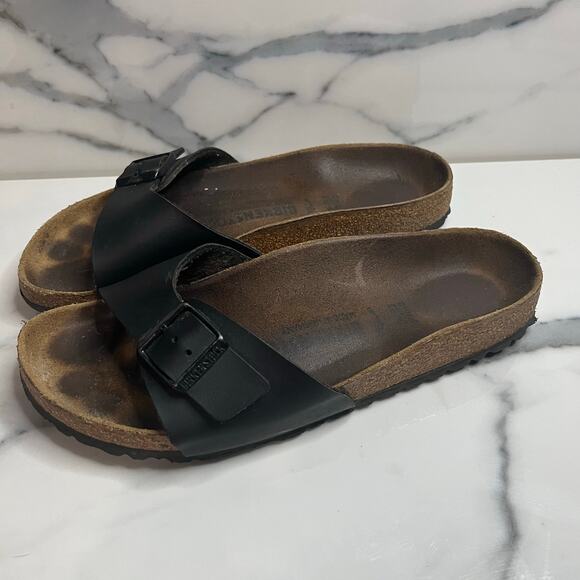 Birkenstock Women's Black Leather Festival Boho Madrid Slides Sandals Sz 39 Sz 8 - Picture 4 of 6
